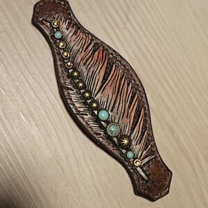 Heritage Brand Brown Leather Feather Cuff w/ Swarovski Crystals Bend To Fit